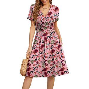 Women Tulip Floral Short Sleeve V-Neck Floral Stretchy Party Dress with Pockets